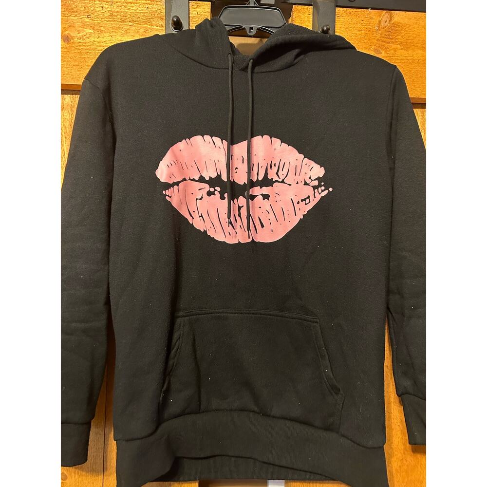 Women's L/XL Kiss Lips Hoodie Black Pink GUC